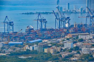 Container ship loading port. View from La Popa, a monastery built on the highest point in Cartagena, Colombia January 2016